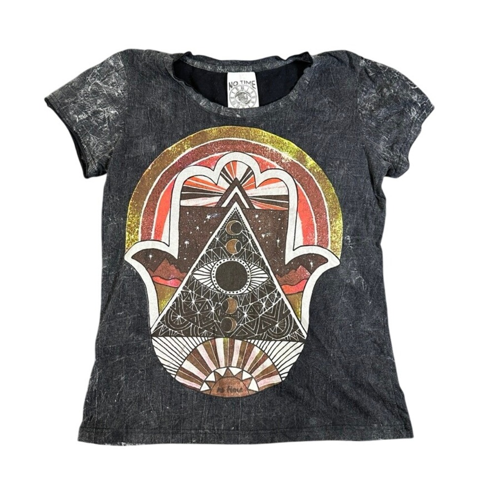 No Time Hamsa Hand Graphic Acid Wash T-Shirt Gray Cotton Large